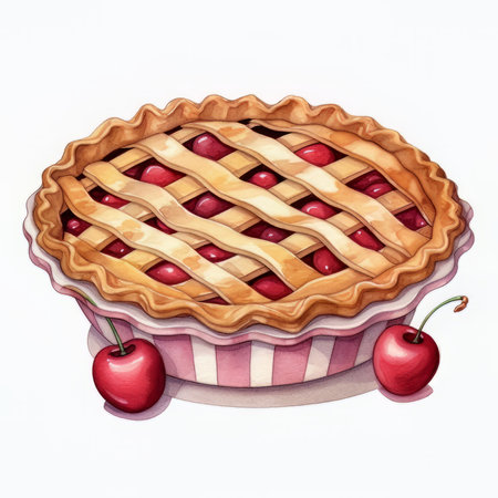 Watercolor illustration of a cherry pie on a white background. Hand drawn illustration.の素材