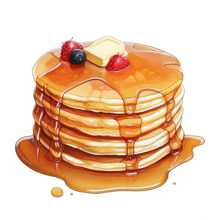 Pancakes with butter and berries on a white background, illustrationの素材