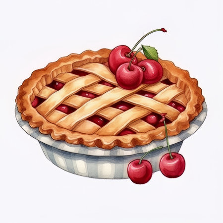 Cherry pie isolated on white background. Watercolor hand drawn illustrationの素材