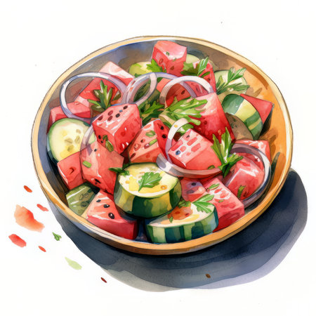 Watermelon salad with cucumber, tomato and onion. Watercolor hand drawn illustrationの素材
