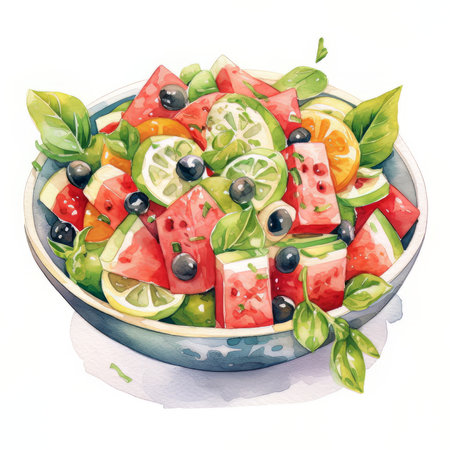 Watercolor illustration of fresh watermelon salad with olives, feta cheese, olives and cucumberの素材