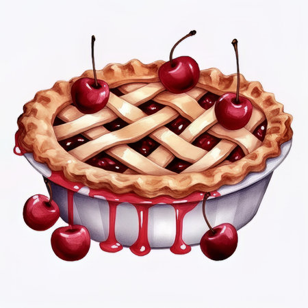 Illustration of a cherry pie with cherries on a white backgroundの素材