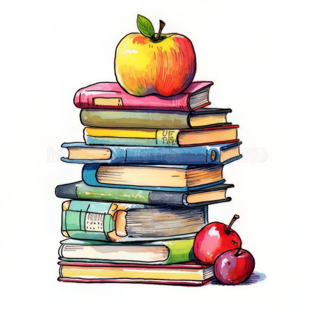 illustration of a pile of books and apples on a white backgroundの素材