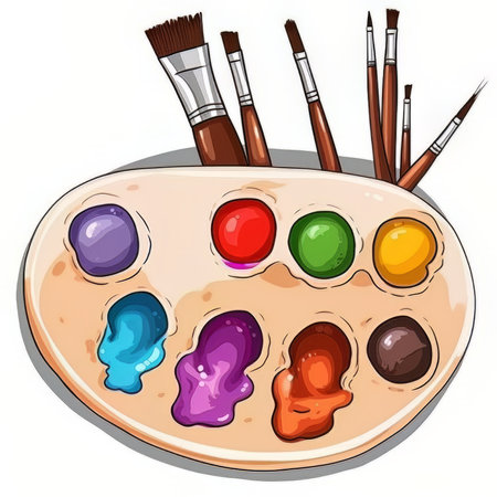 Illustration of a palette with paintbrushes on a white backgroundの素材