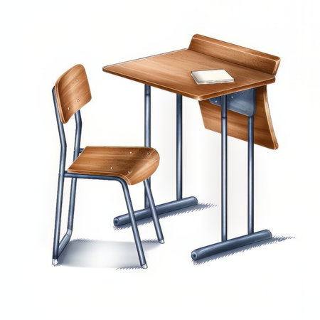 Wooden school desk and chair on a white background. vector illustration.の素材
