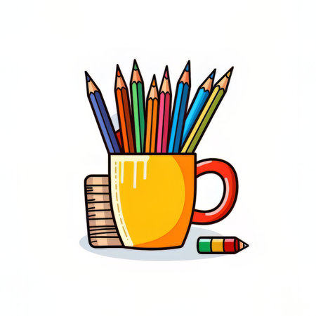 Coffee cup and pencils on white background, vector illustration.の素材
