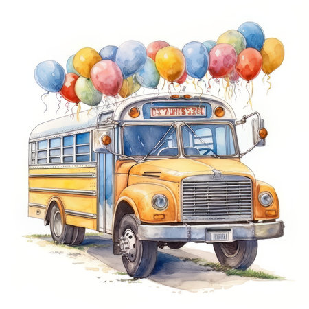 School bus with colorful balloons. Watercolor illustration on white background.の素材