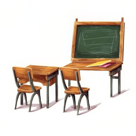 Classroom chairs and chalkboard on white background. hand drawn illustrationの素材
