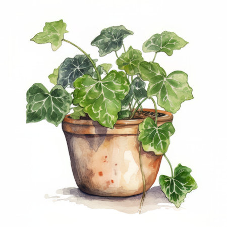 Watercolor illustration of a houseplant in a pot on a white backgroundの素材