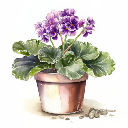 Beautiful violet flower in a pot. Watercolor hand drawn illustrationの素材