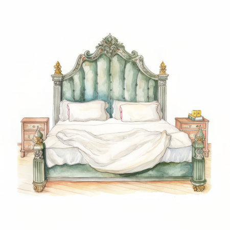 Watercolor hand drawn illustration of a bed with pillows and bedside table.の素材