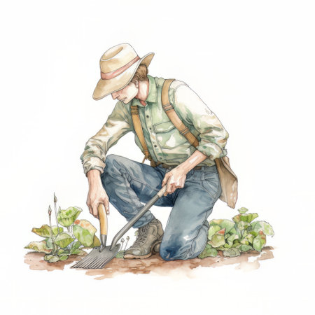 Farmer working on the field. Watercolor hand drawn illustration.の素材