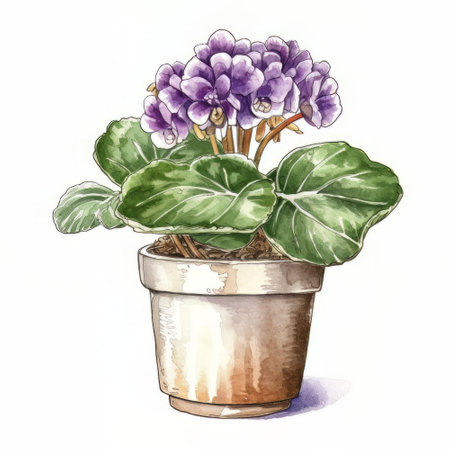 Beautiful watercolor illustration of violets in a pot.の素材