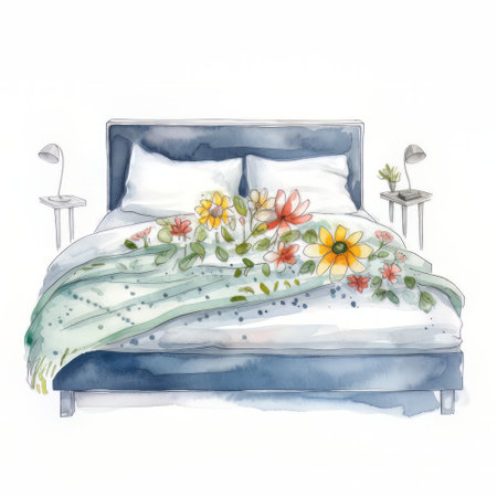 Watercolor hand drawn illustration of a double bed with floral pattern.の素材