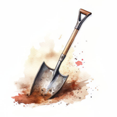 Watercolor illustration of a shovel on a white background with splashesの素材