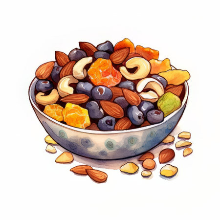 Mixed nuts and dried fruits in a bowl. Hand drawn watercolor illustrationの素材