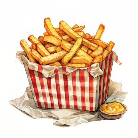 French fries in a paper box. Hand drawn watercolor illustration.の素材