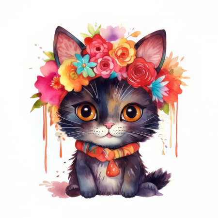 Cute cat with floral wreaths. Watercolor illustration isolated on white background.の素材