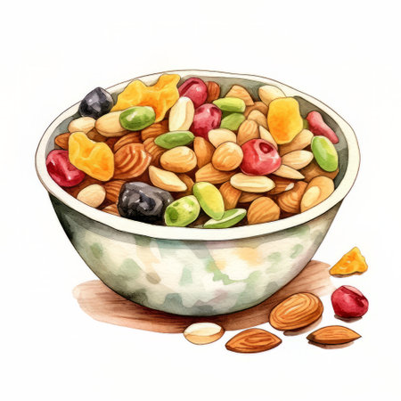 Bowl with muesli and nuts. Watercolor hand drawn illustrationの素材