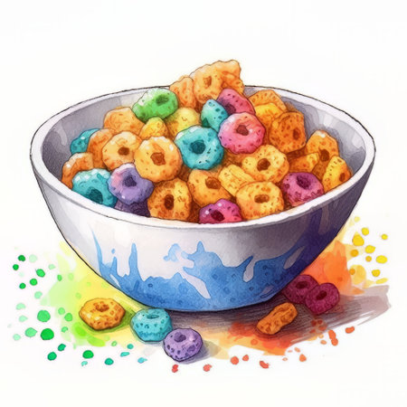 Bowl of cornflakes. Hand drawn watercolor illustration.の素材