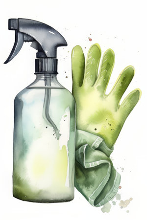 Spray bottle and hand with rubber glove. Watercolor illustration.の素材