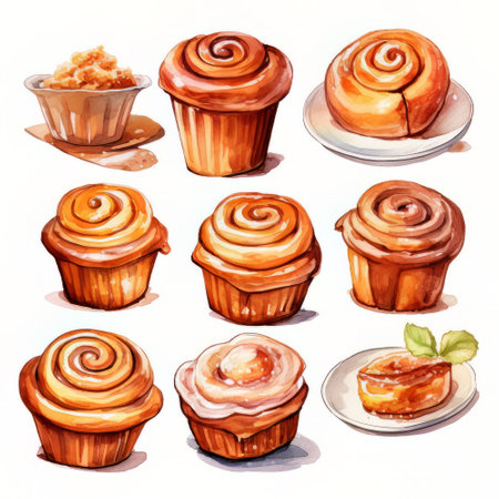 Cupcakes with cream and jam. Hand drawn watercolor illustrationの素材