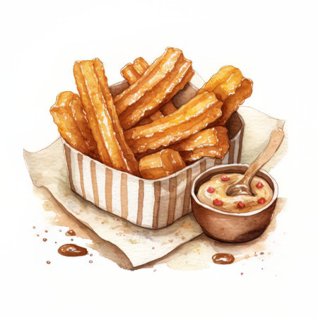 Crispy churros with sauce. Watercolor hand drawn illustrationの素材