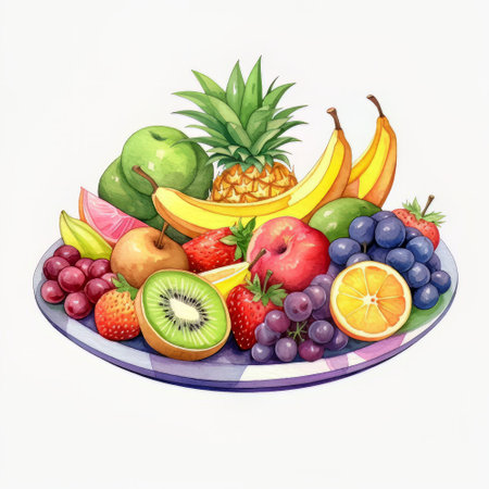 Plate with fresh fruits on white background. Watercolor illustration.の素材