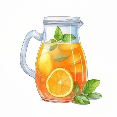 Jug of lemonade with mint leaves. Hand drawn watercolor illustrationの素材