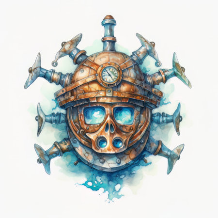 Hand drawn watercolor illustration of a pirate helmet with a ship steering wheel.の素材
