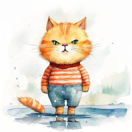 Cute red cat in a sweater and shorts. watercolor illustrationの素材