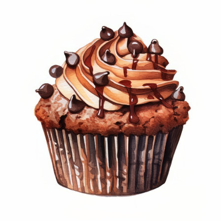 Watercolor cupcake with cream and chocolate isolated on white background.の素材