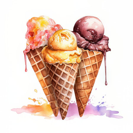 Watercolor ice cream illustration. Ice cream in waffle cones.の素材