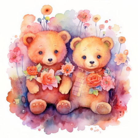 Cute teddy bears with flowers on watercolor background. Watercolor illustration.の素材