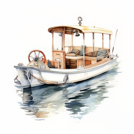Wooden boat on the water. Watercolor illustration on white background.の素材