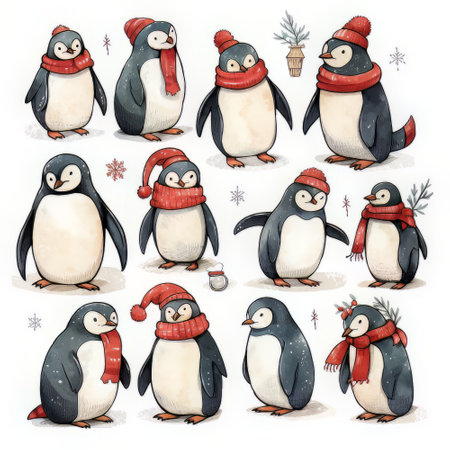 Set of cute penguins in red hats and scarves. watercolor illustrationの素材