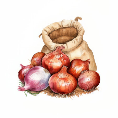 Bag of onions on a white background. Watercolor illustration.の素材