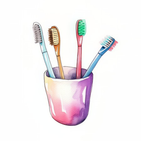 Hand drawn watercolor illustration of toothbrushes in a cup.の素材