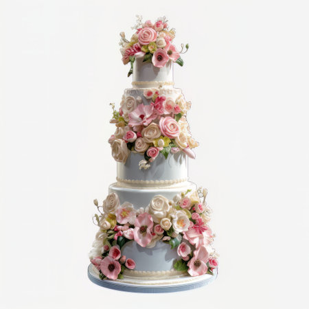 Wedding cake decorated with flowers and leaves on white background.の素材