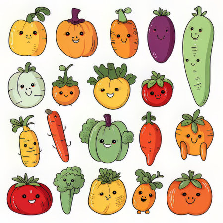 Collection of cute cartoon vegetables. Vector illustration isolated on white background.の素材