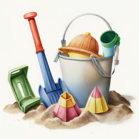 Illustration of a bucket, shovel, bucket and rake on the sandの素材