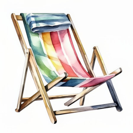 Wooden deck chair isolated on white background. Watercolor hand drawn illustrationの素材