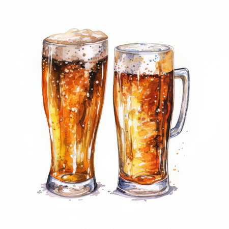 Two glasses of beer with foam. Watercolor illustration isolated on white backgroundの素材