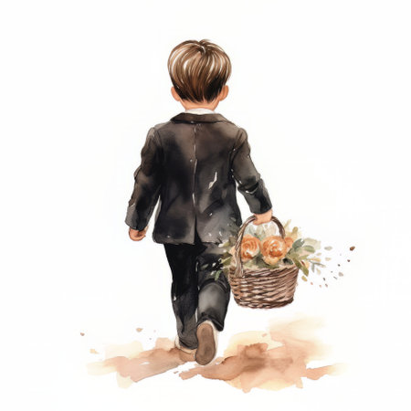 Boy with a basket of flowers on a white background. watercolorの素材