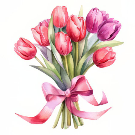 Bouquet of tulips with pink bow. Watercolor illustration.の素材