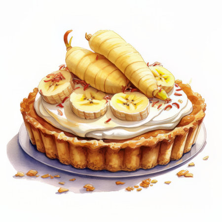 Banana cake with whipped cream and sliced bananas on a white backgroundの素材