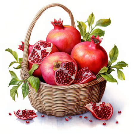 Ripe pomegranates in a basket on a white backgroundの素材