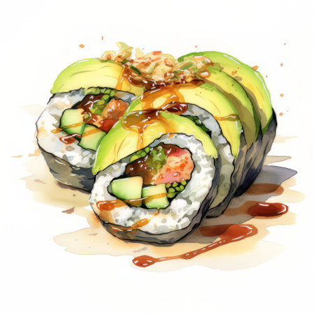 Sushi roll with avocado, cucumber, cream cheese and sesame seeds on a white backgroundの素材