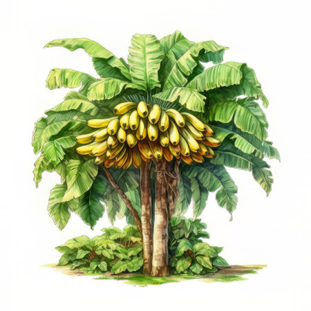 Banana tree with ripe bananas. Hand drawn watercolor illustration isolated on white backgroundの素材