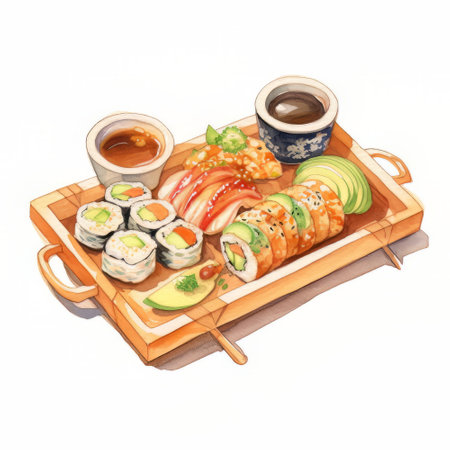 Sushi rolls on a wooden tray with soy sauce and wasabiの素材